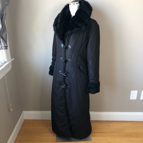Vintage Women's Black Faux Fur collar Toggle buttons Long Maxi Coat M/L - Picture 9 of 15